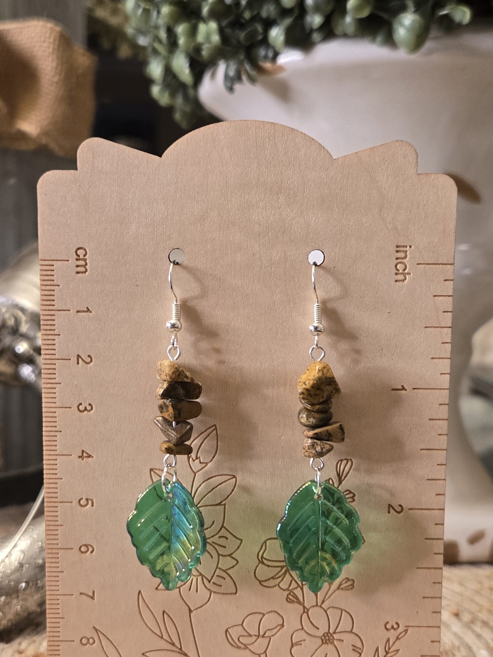 Green Leaf Dangle Earrings with Natural Stone Accents